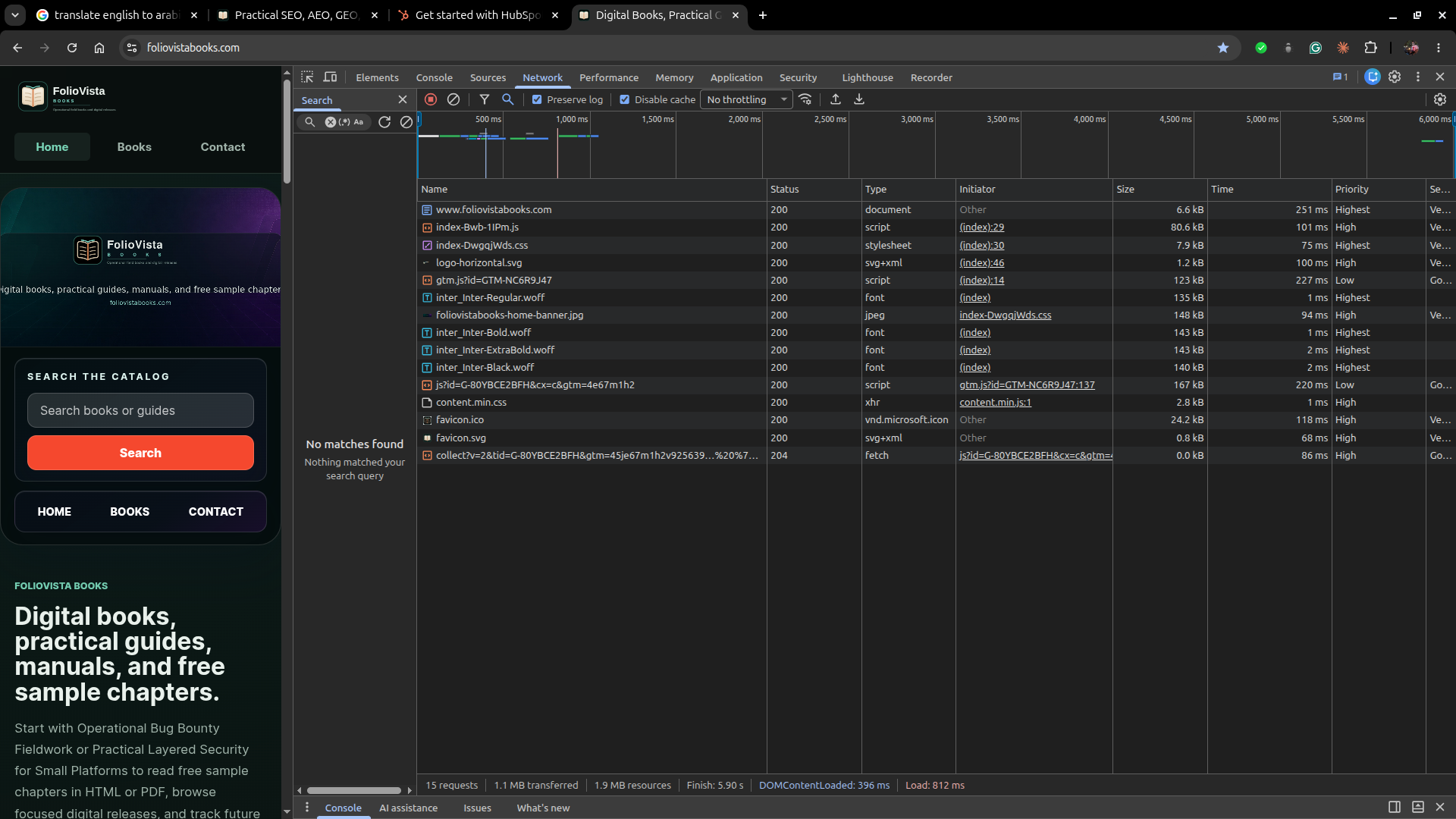 Real Chrome DevTools Network panel for foliovistabooks.com's homepage, Priority column enabled: index-DwgqjWds.css and the Inter font files at Highest, the JS bundle and images at High, gtm.js and the GA4 script at Low
